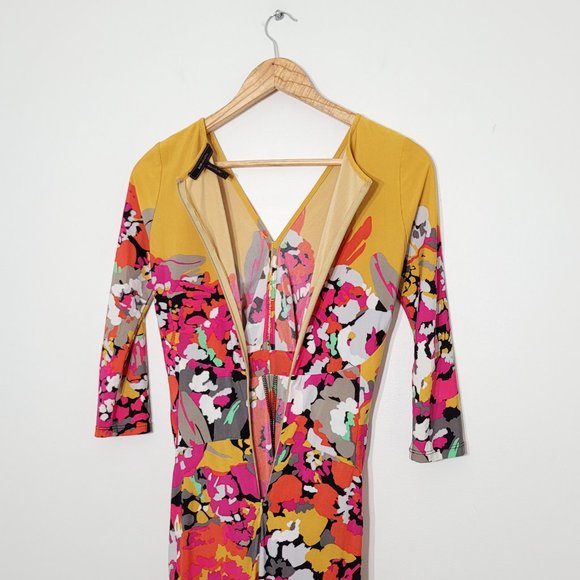 BCBGMaxazria A-Line Ruched Front Midi Dress 3/4 Sleeve Womens Floral V-Neck S - Picture 7 of 9